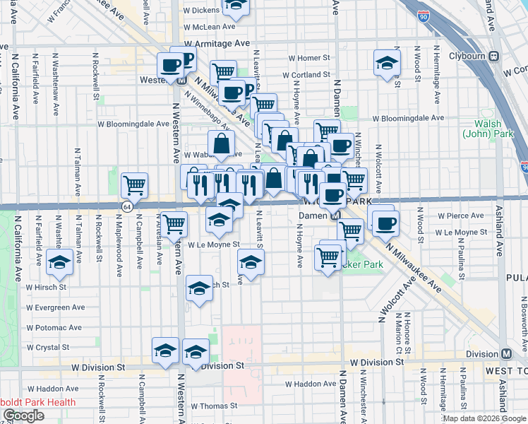 map of restaurants, bars, coffee shops, grocery stores, and more near 1548 North Leavitt Street in Chicago