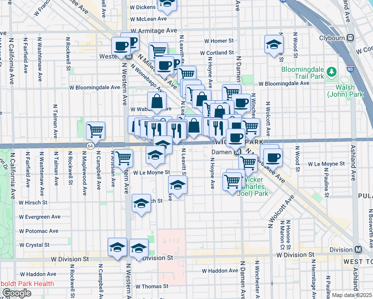 map of restaurants, bars, coffee shops, grocery stores, and more near 1548 North Leavitt Street in Chicago