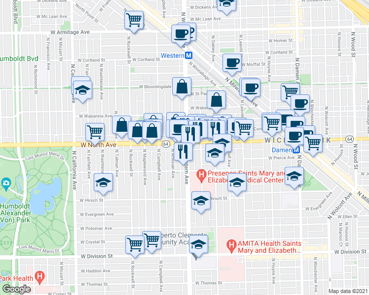 map of restaurants, bars, coffee shops, grocery stores, and more near 1547 North Western Avenue in Chicago