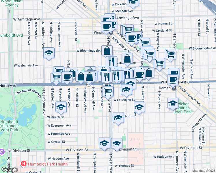 map of restaurants, bars, coffee shops, grocery stores, and more near 1547 North Western Avenue in Chicago