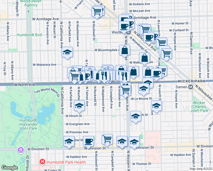 map of restaurants, bars, coffee shops, grocery stores, and more near 2503 West North Avenue in Chicago
