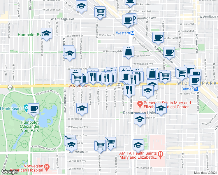 map of restaurants, bars, coffee shops, grocery stores, and more near 2503 West North Avenue in Chicago
