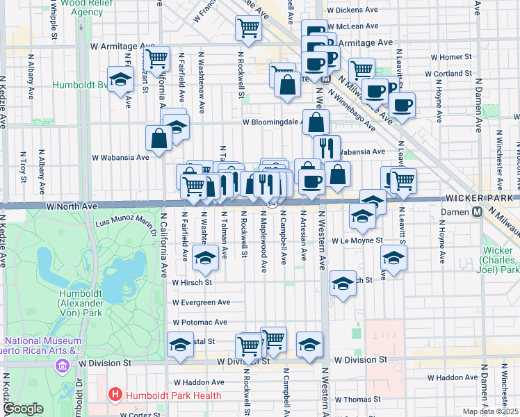 map of restaurants, bars, coffee shops, grocery stores, and more near 2547 West North Avenue in Chicago