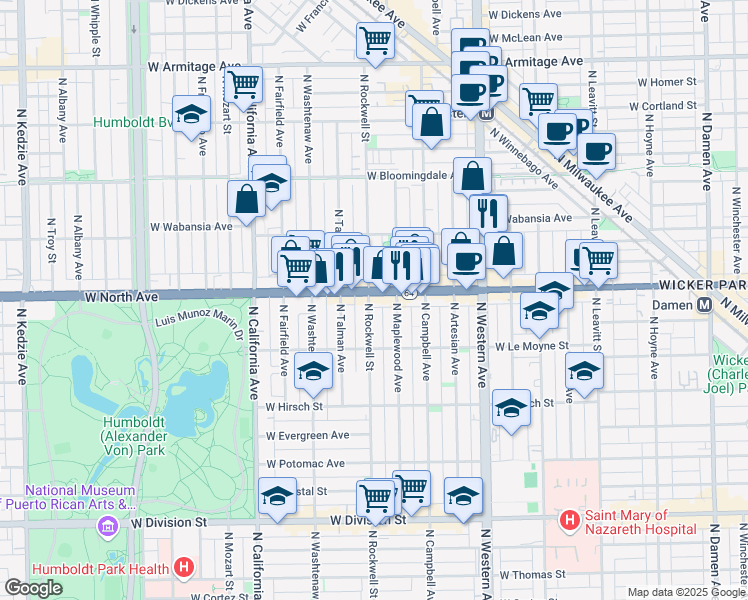 map of restaurants, bars, coffee shops, grocery stores, and more near in Chicago