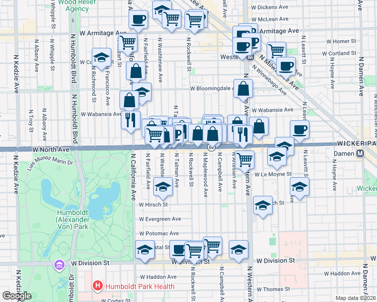 map of restaurants, bars, coffee shops, grocery stores, and more near in Chicago