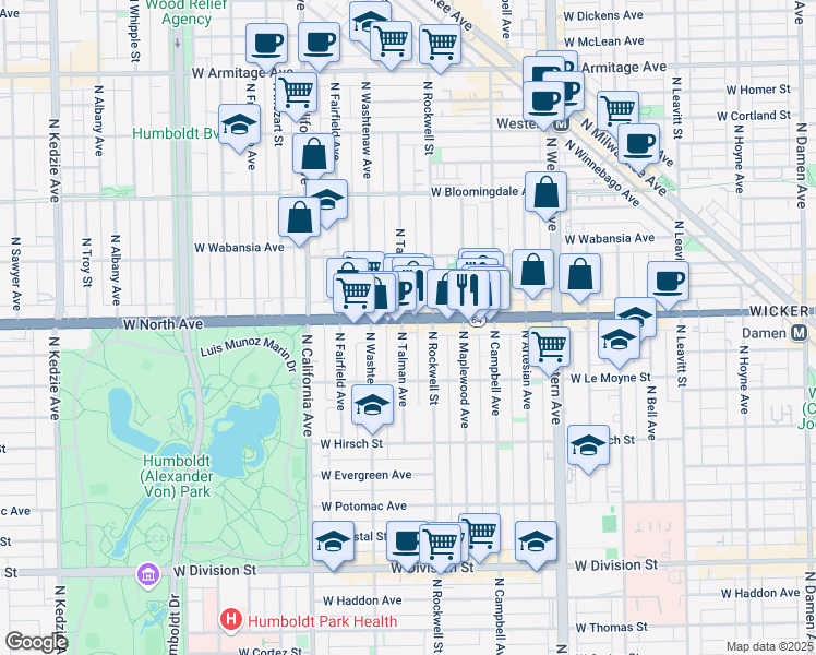 map of restaurants, bars, coffee shops, grocery stores, and more near 2639 West North Avenue in Chicago