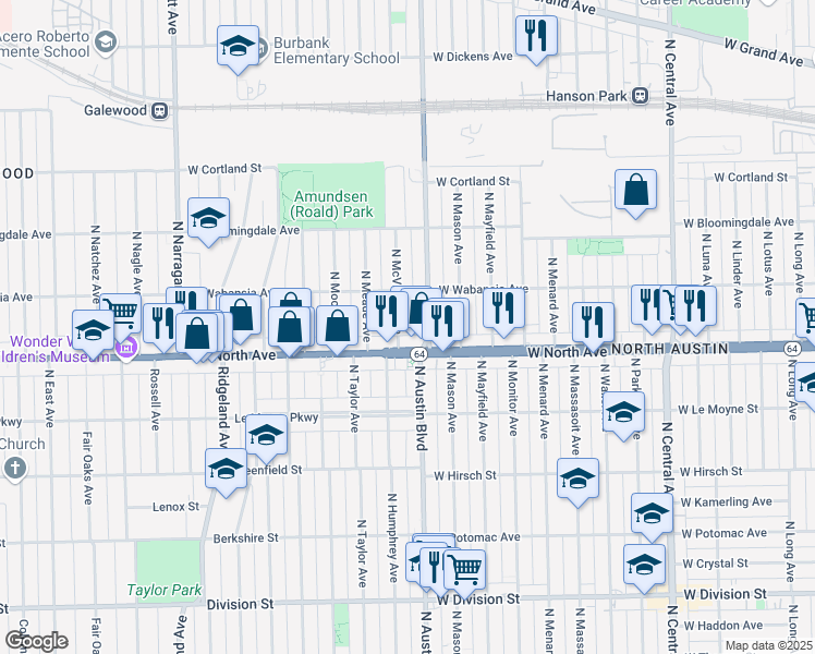 map of restaurants, bars, coffee shops, grocery stores, and more near 1622 North Austin Avenue in Chicago