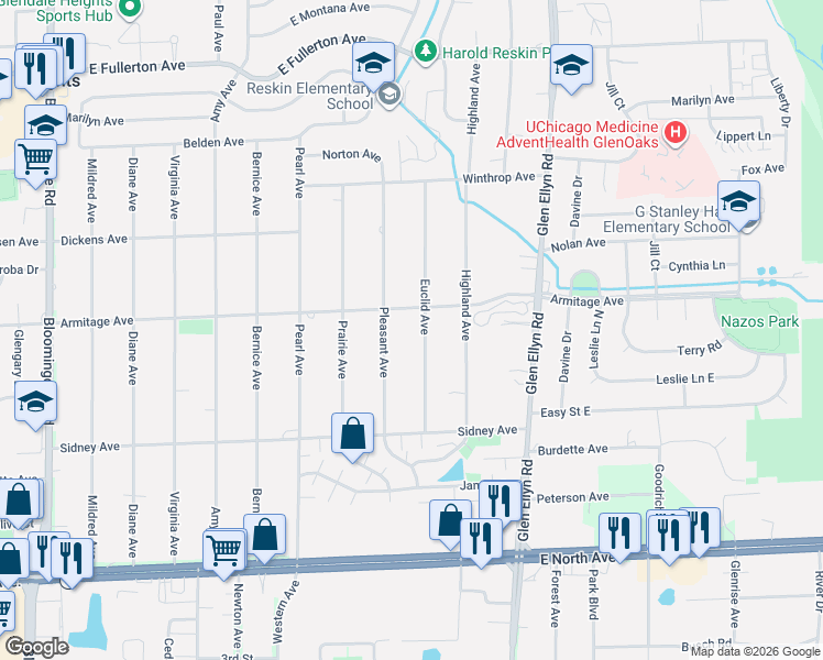 map of restaurants, bars, coffee shops, grocery stores, and more near 2N359 Pleasant Avenue in Glen Ellyn