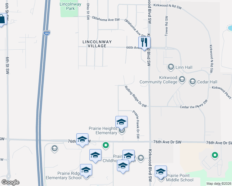 map of restaurants, bars, coffee shops, grocery stores, and more near 7018 Prairie Heights Dr SW in Cedar Rapids