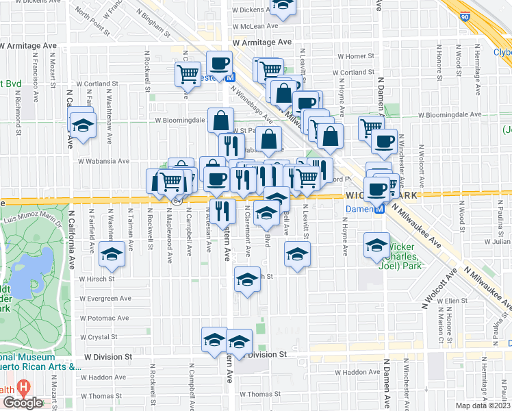 map of restaurants, bars, coffee shops, grocery stores, and more near 2313 Illinois 64 in Chicago