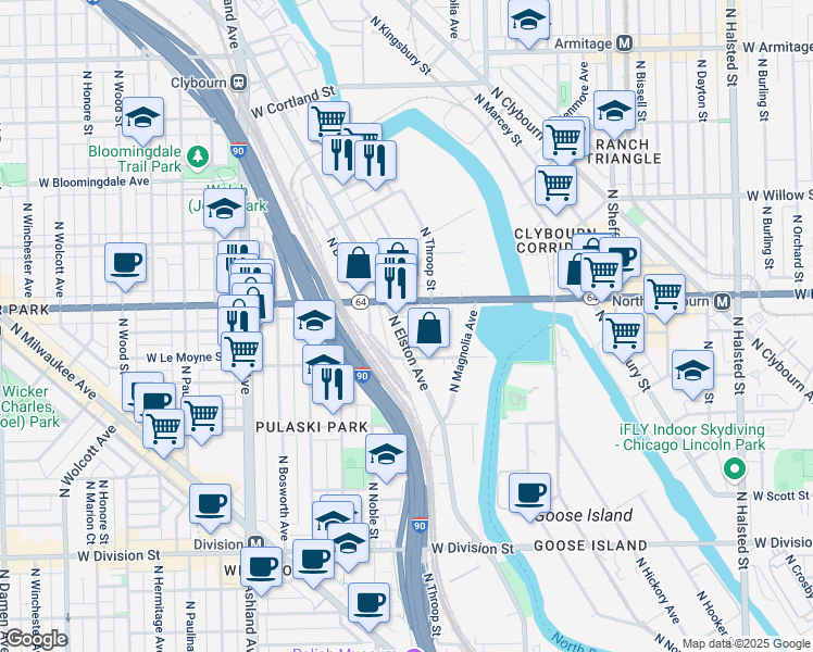 map of restaurants, bars, coffee shops, grocery stores, and more near 1535 North Elston Avenue in Chicago