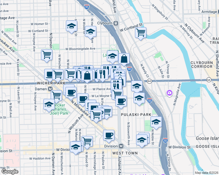 map of restaurants, bars, coffee shops, grocery stores, and more near 1632 West Pierce Avenue in Chicago