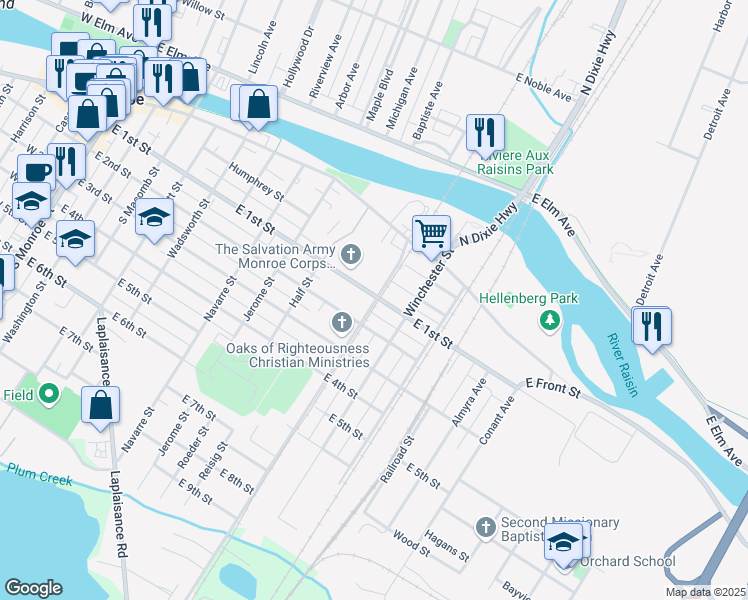 map of restaurants, bars, coffee shops, grocery stores, and more near 300 Kentucky Avenue in Monroe