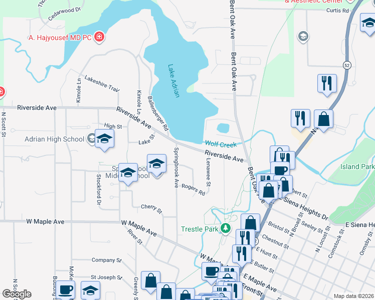 map of restaurants, bars, coffee shops, grocery stores, and more near 359 Riverside Avenue in Adrian