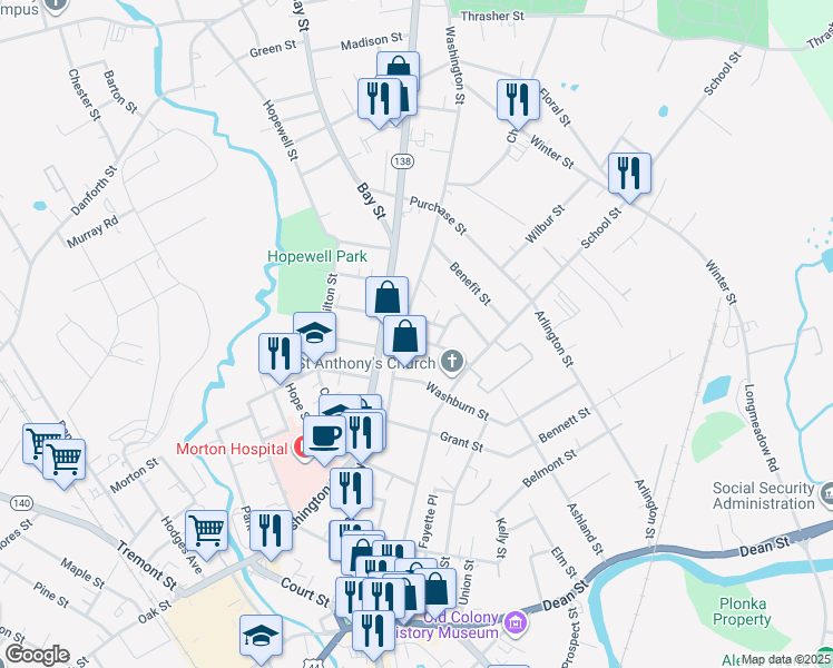 map of restaurants, bars, coffee shops, grocery stores, and more near 6 East Broadway in Taunton