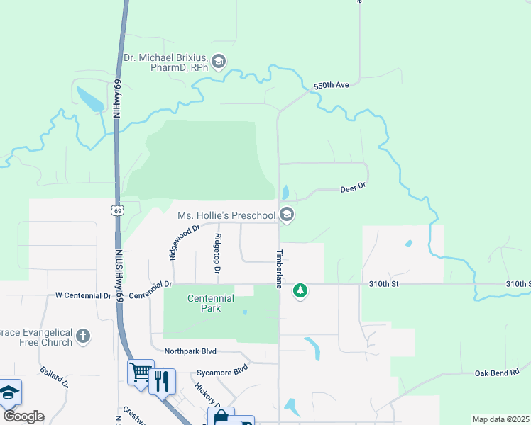 map of restaurants, bars, coffee shops, grocery stores, and more near 313 Ridgewood Dr in Huxley