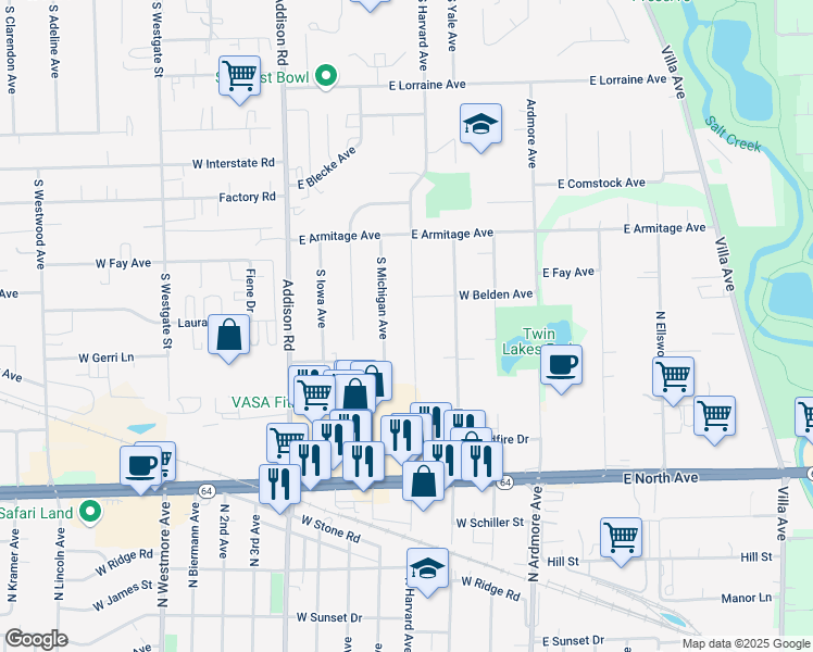map of restaurants, bars, coffee shops, grocery stores, and more near 942 South Harvard Avenue in Addison