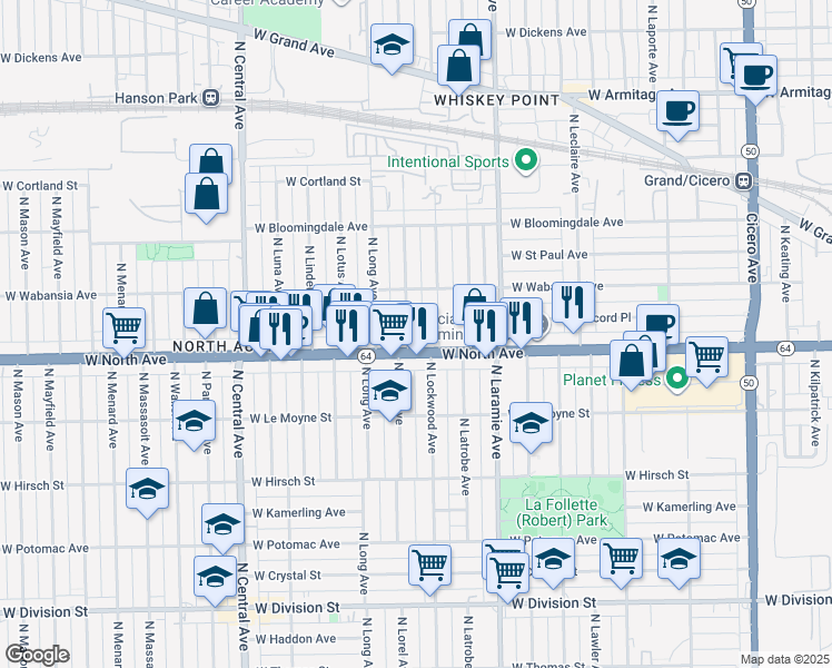 map of restaurants, bars, coffee shops, grocery stores, and more near 1615 N Lorel Ave in Chicago