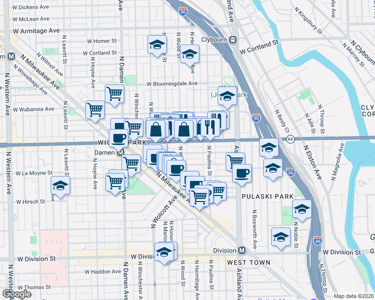 map of restaurants, bars, coffee shops, grocery stores, and more near 1746 West Pierce Avenue in Chicago