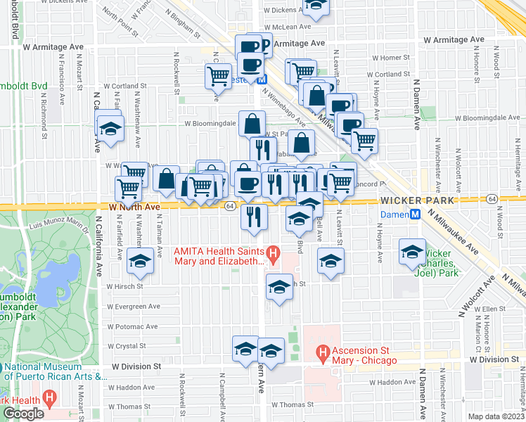 map of restaurants, bars, coffee shops, grocery stores, and more near 1547 North Western Avenue in Chicago