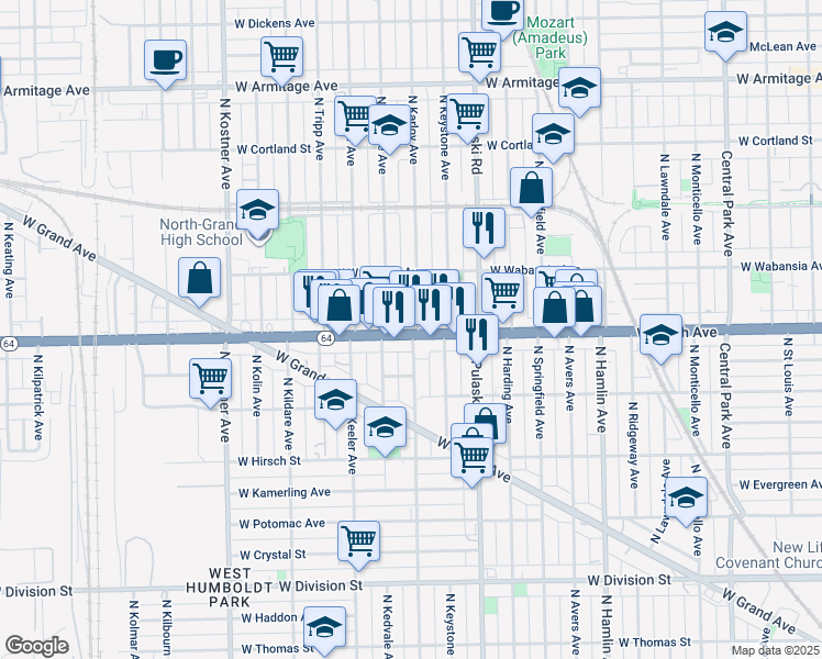 map of restaurants, bars, coffee shops, grocery stores, and more near 4100 Illinois 64 in Chicago