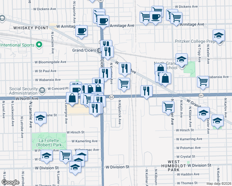map of restaurants, bars, coffee shops, grocery stores, and more near 4714 West North Avenue in Chicago