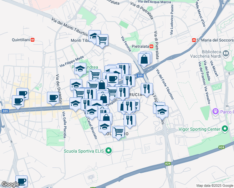 map of restaurants, bars, coffee shops, grocery stores, and more near 15 Via Diego Angeli in Rome