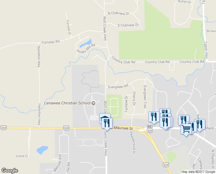 map of restaurants, bars, coffee shops, grocery stores, and more near 4254 Evergreen Road in Adrian