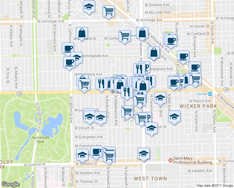 map of restaurants, bars, coffee shops, grocery stores, and more near 2507 W Chicago Ave in Chicago