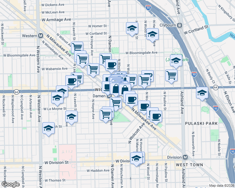 map of restaurants, bars, coffee shops, grocery stores, and more near 1563 North Milwaukee Avenue in Chicago