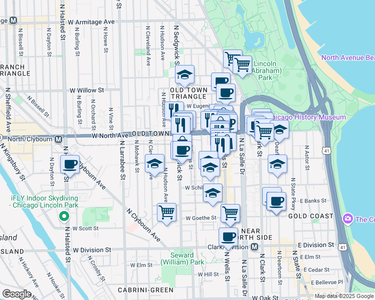 map of restaurants, bars, coffee shops, grocery stores, and more near 1522 North Orleans Street in Chicago