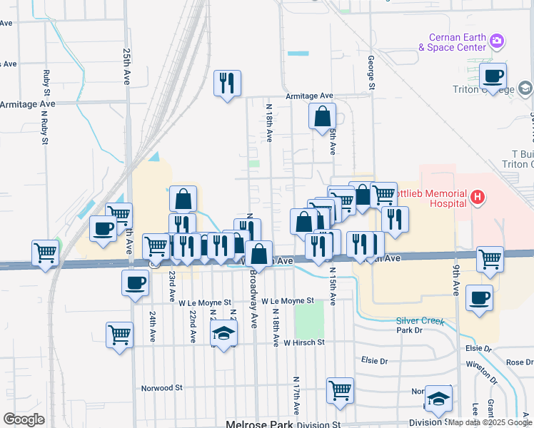 map of restaurants, bars, coffee shops, grocery stores, and more near 1942 North 18th Avenue in Melrose Park