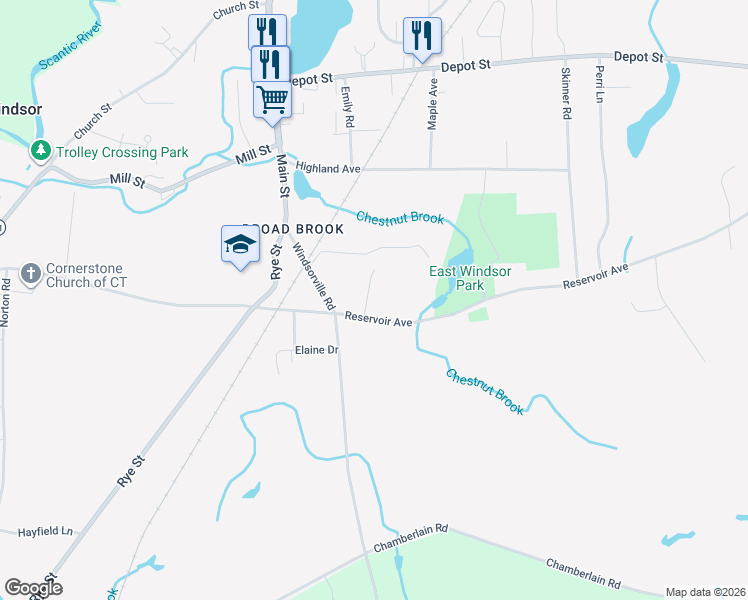 map of restaurants, bars, coffee shops, grocery stores, and more near 9 Reservoir Avenue in East Windsor