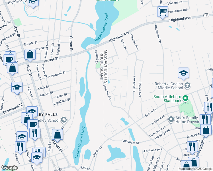 map of restaurants, bars, coffee shops, grocery stores, and more near 555 Mendon Road in Attleboro