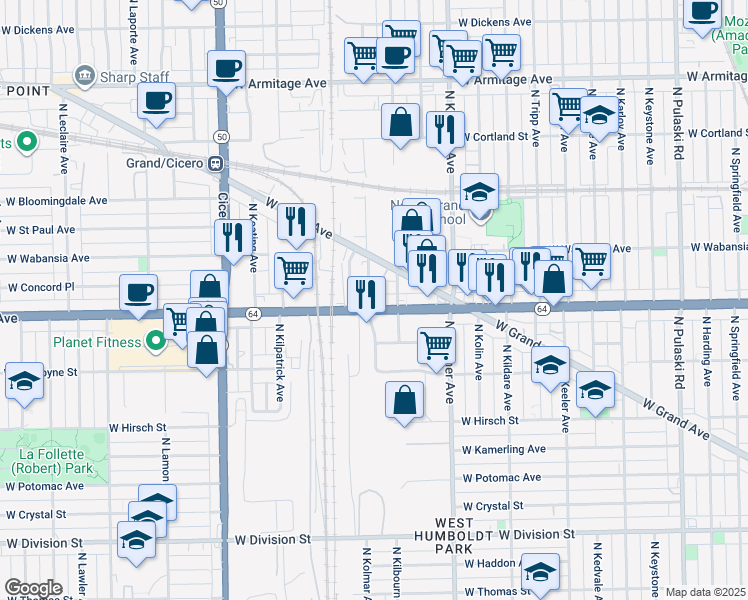 map of restaurants, bars, coffee shops, grocery stores, and more near 4520 West North Avenue in Chicago