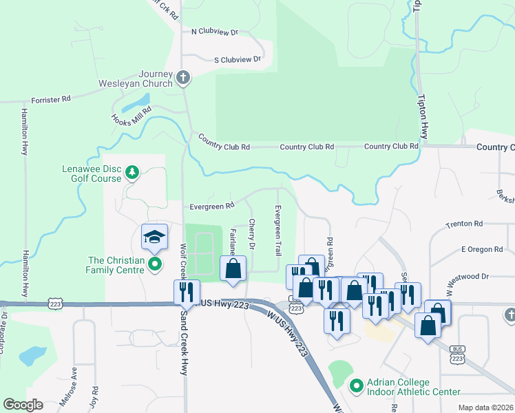 map of restaurants, bars, coffee shops, grocery stores, and more near 1523 Cherry Dr in Adrian