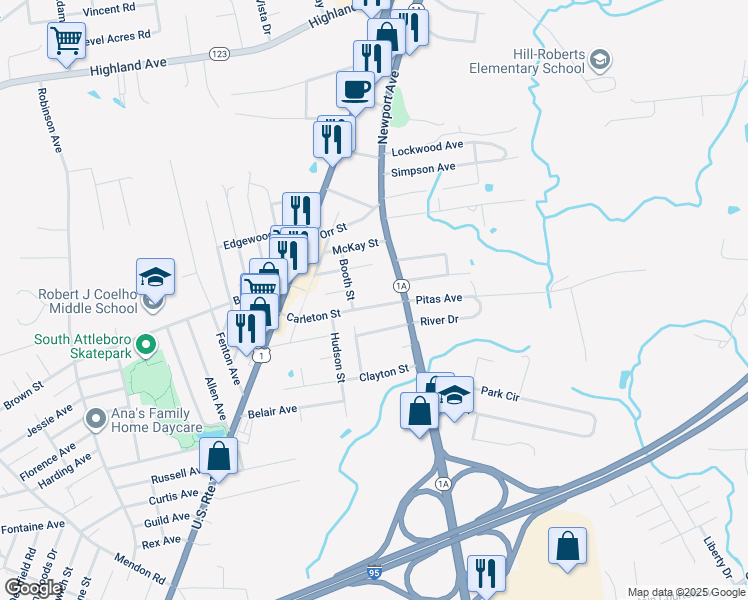 map of restaurants, bars, coffee shops, grocery stores, and more near 54 Carleton Street in Attleboro