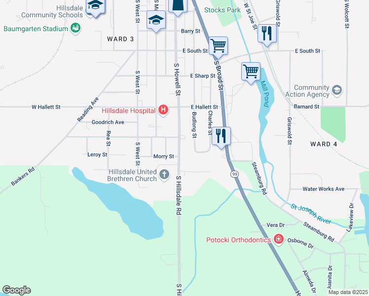 map of restaurants, bars, coffee shops, grocery stores, and more near 209 South Howell Street in Hillsdale