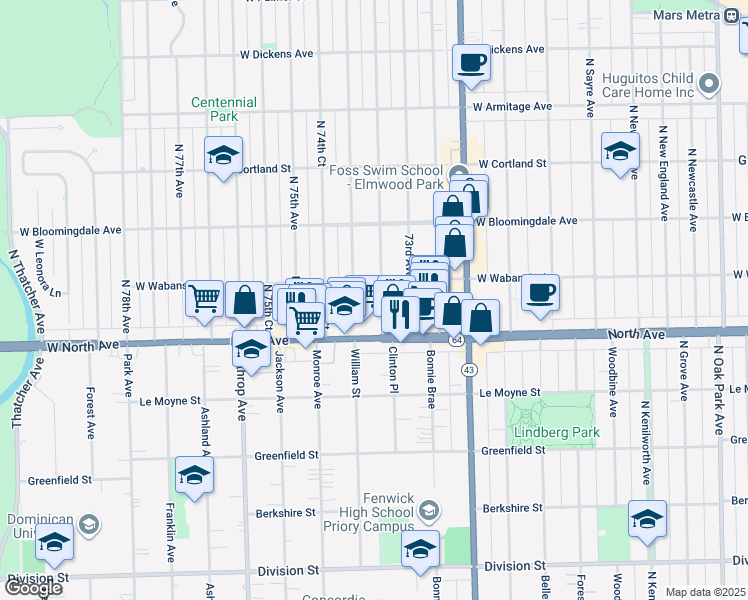 map of restaurants, bars, coffee shops, grocery stores, and more near 1634 North 73rd Court in Elmwood Park