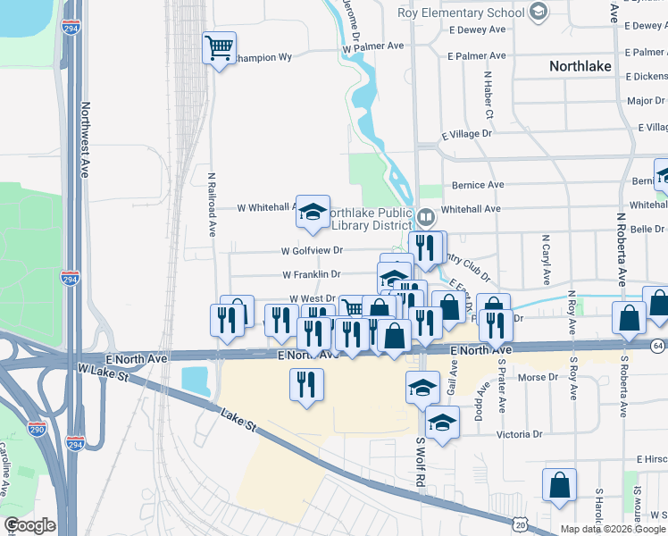 map of restaurants, bars, coffee shops, grocery stores, and more near 62 West Franklin Drive in Northlake