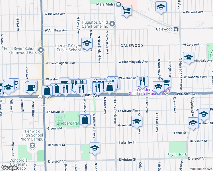 map of restaurants, bars, coffee shops, grocery stores, and more near 1632 North Newcastle Avenue in Chicago