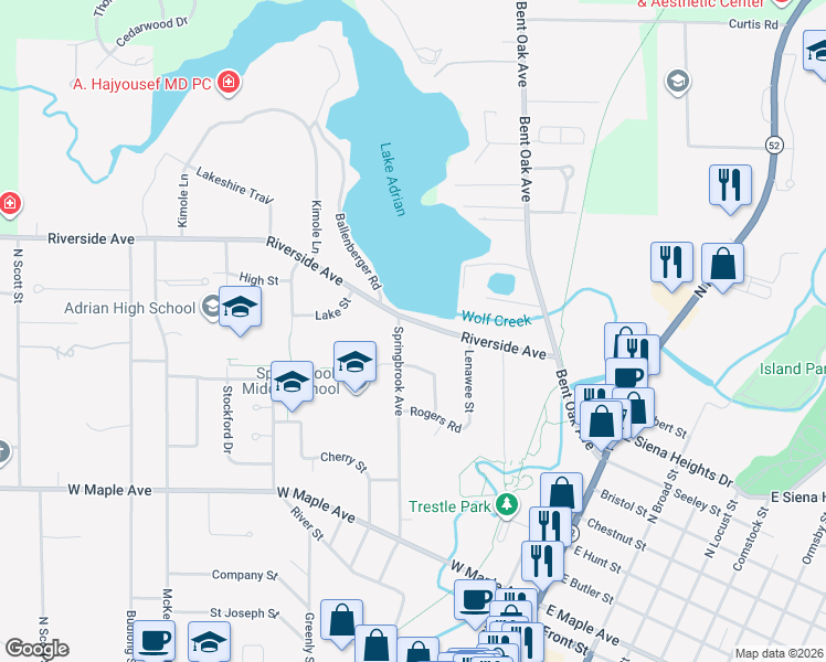 map of restaurants, bars, coffee shops, grocery stores, and more near 359 Riverside Avenue in Adrian