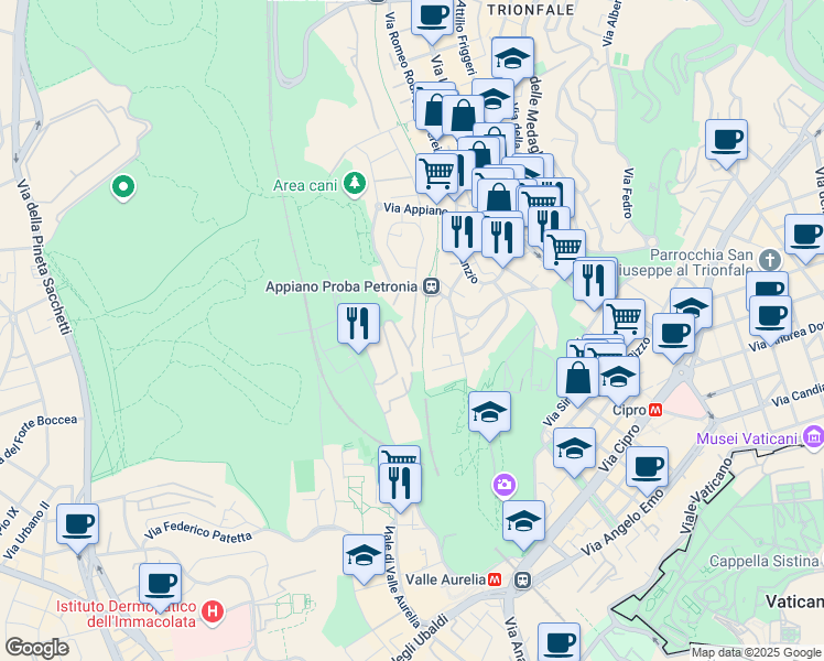 map of restaurants, bars, coffee shops, grocery stores, and more near 30 Via Armando di Tullio in Roma