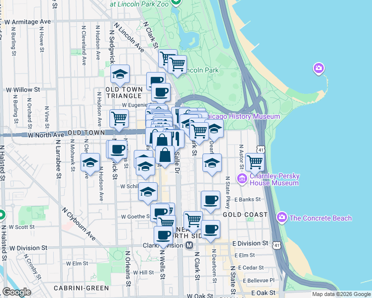 map of restaurants, bars, coffee shops, grocery stores, and more near 1560 North Sandburg Terrace in Chicago