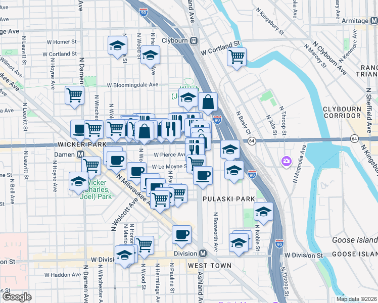 map of restaurants, bars, coffee shops, grocery stores, and more near 1641 West North Avenue in Chicago