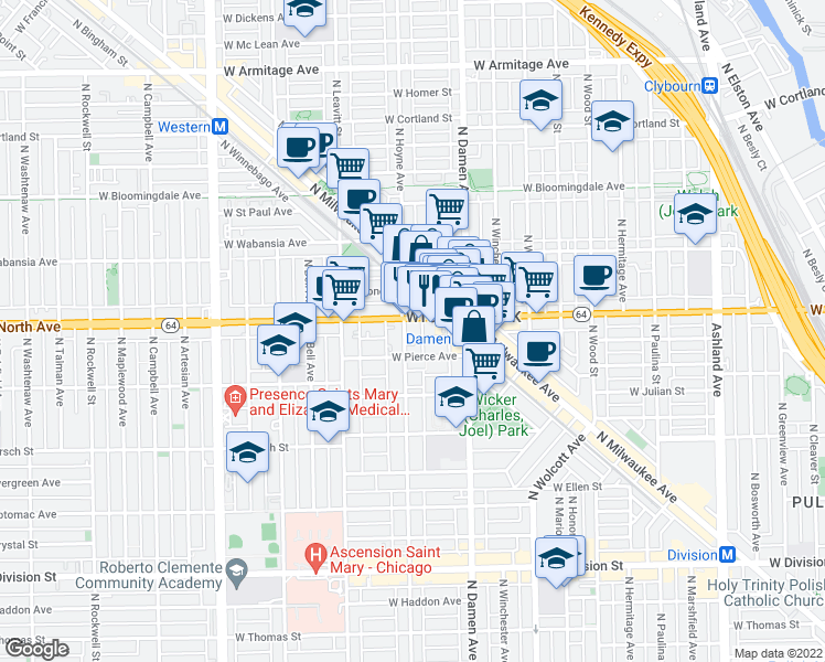 map of restaurants, bars, coffee shops, grocery stores, and more near 1565 North Hoyne Avenue in Chicago