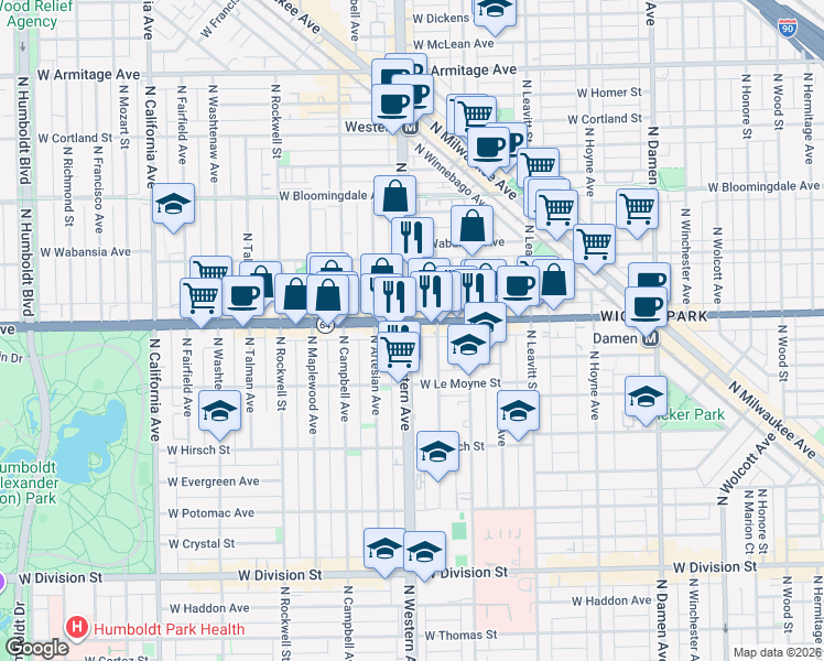 map of restaurants, bars, coffee shops, grocery stores, and more near 1549 North Western Avenue in Chicago