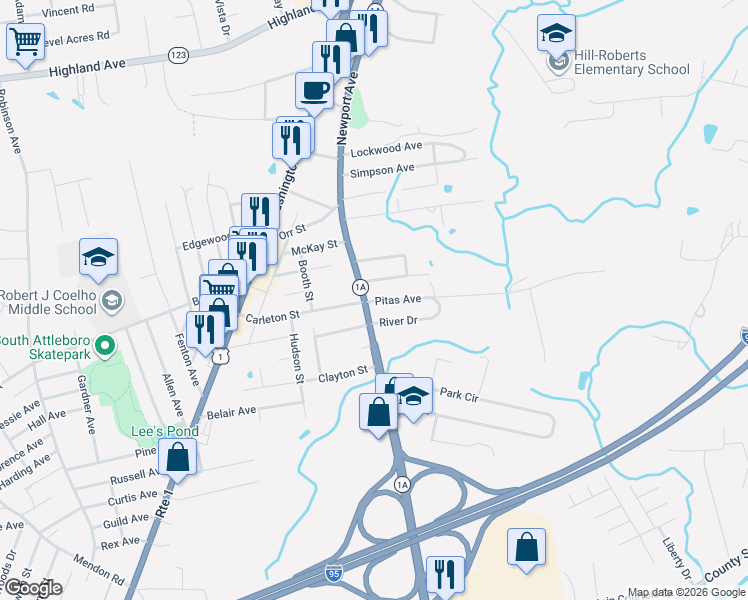 map of restaurants, bars, coffee shops, grocery stores, and more near 4 Pitas Avenue in Attleboro