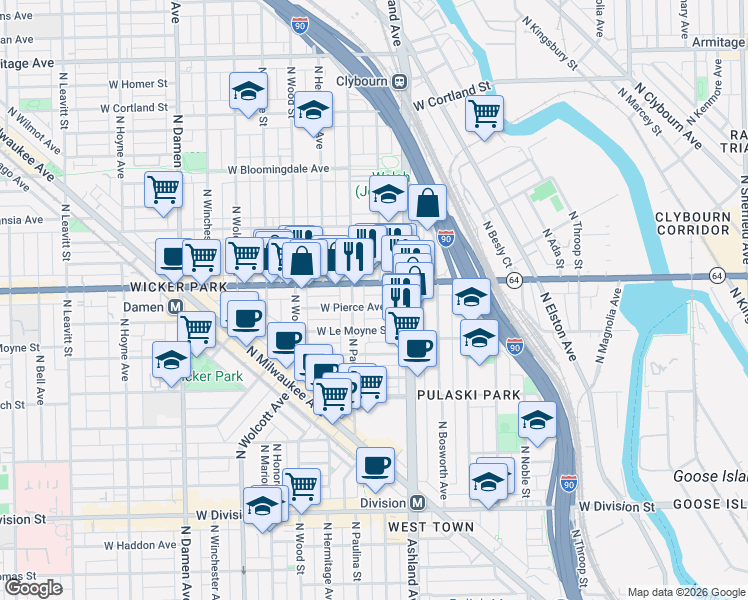 map of restaurants, bars, coffee shops, grocery stores, and more near 1641 West North Avenue in Chicago