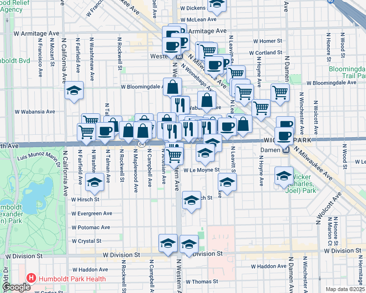 map of restaurants, bars, coffee shops, grocery stores, and more near 1547 North Western Avenue in Chicago